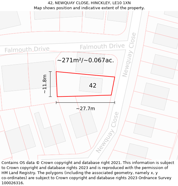 42, NEWQUAY CLOSE, HINCKLEY, LE10 1XN: Plot and title map