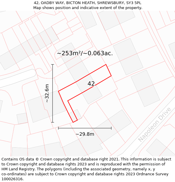 42, OADBY WAY, BICTON HEATH, SHREWSBURY, SY3 5PL: Plot and title map