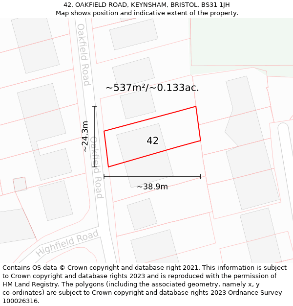 42, OAKFIELD ROAD, KEYNSHAM, BRISTOL, BS31 1JH: Plot and title map