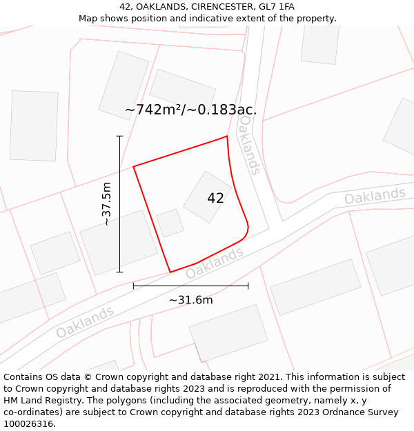 42, OAKLANDS, CIRENCESTER, GL7 1FA: Plot and title map