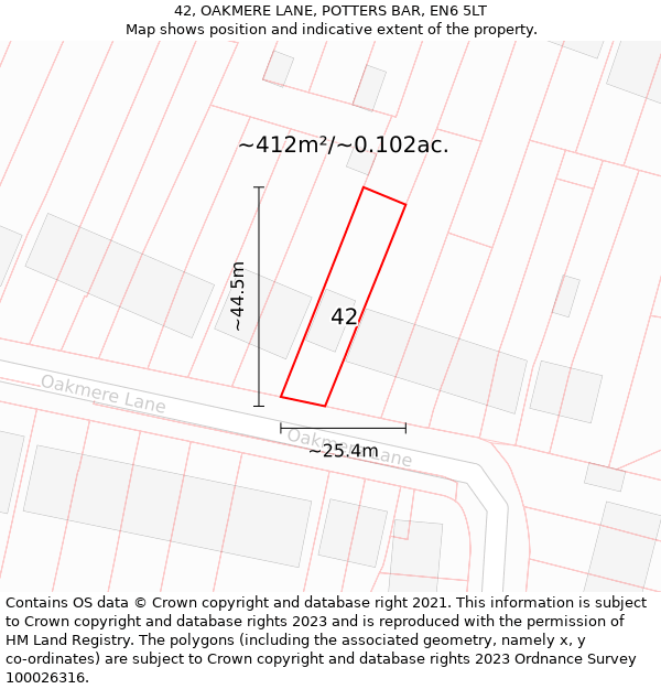 42, OAKMERE LANE, POTTERS BAR, EN6 5LT: Plot and title map