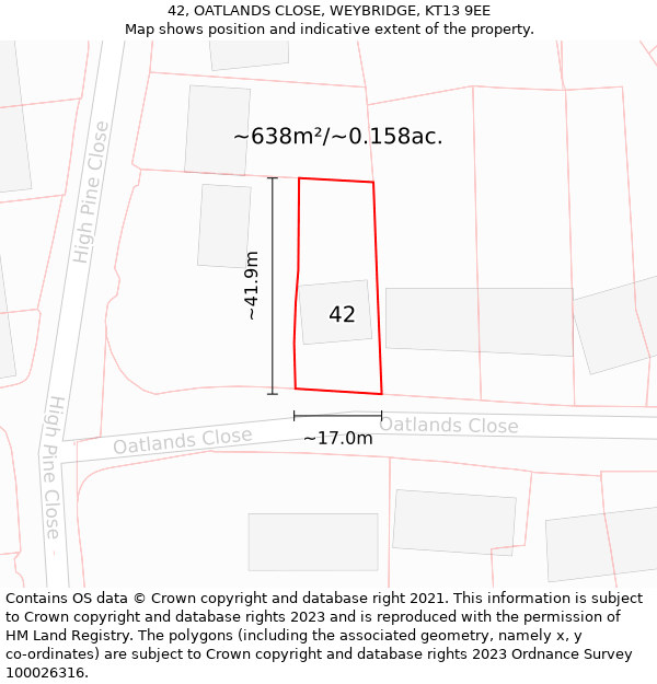 42, OATLANDS CLOSE, WEYBRIDGE, KT13 9EE: Plot and title map