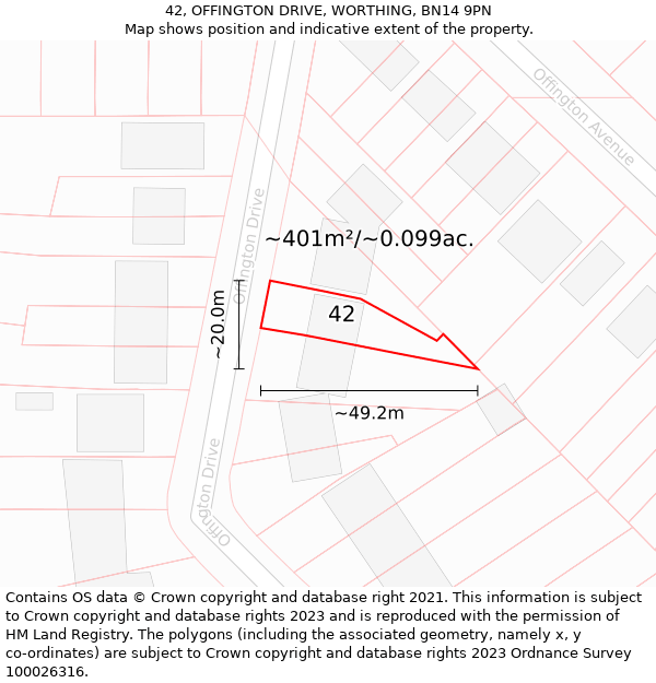 42, OFFINGTON DRIVE, WORTHING, BN14 9PN: Plot and title map