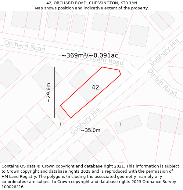 42, ORCHARD ROAD, CHESSINGTON, KT9 1AN: Plot and title map