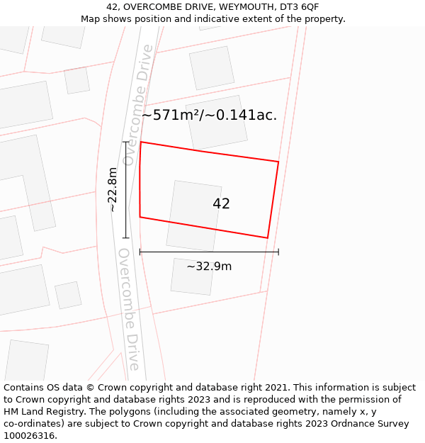 42, OVERCOMBE DRIVE, WEYMOUTH, DT3 6QF: Plot and title map