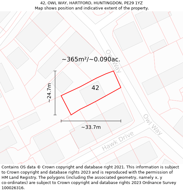 42, OWL WAY, HARTFORD, HUNTINGDON, PE29 1YZ: Plot and title map