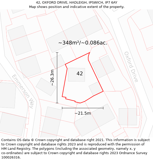 42, OXFORD DRIVE, HADLEIGH, IPSWICH, IP7 6AY: Plot and title map