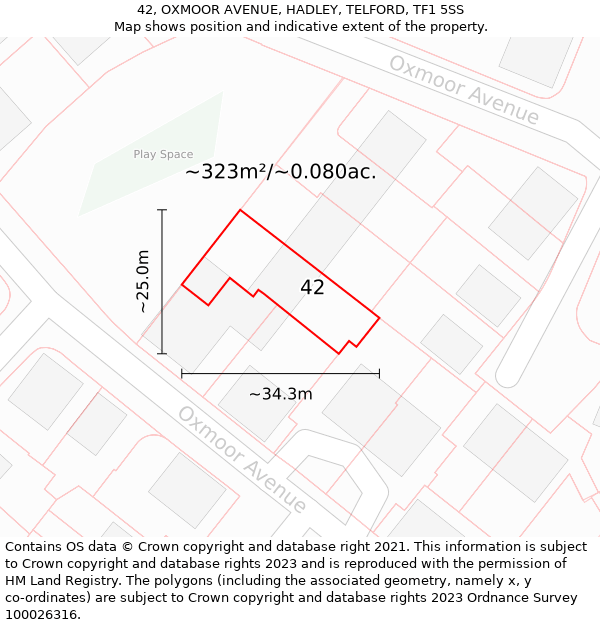 42, OXMOOR AVENUE, HADLEY, TELFORD, TF1 5SS: Plot and title map