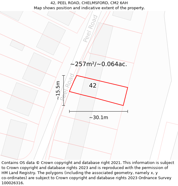 42, PEEL ROAD, CHELMSFORD, CM2 6AH: Plot and title map