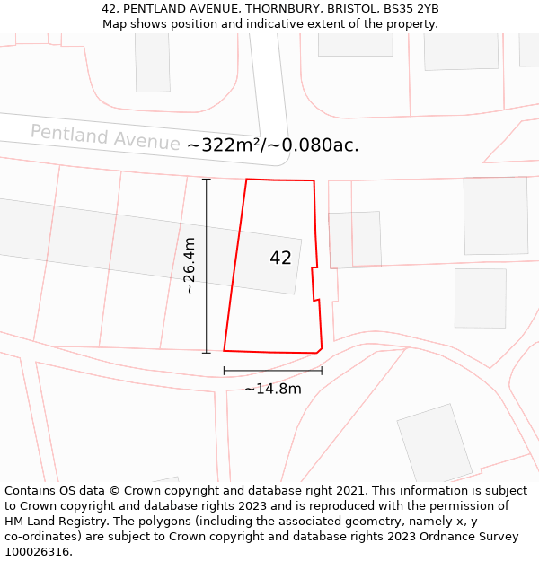 42, PENTLAND AVENUE, THORNBURY, BRISTOL, BS35 2YB: Plot and title map