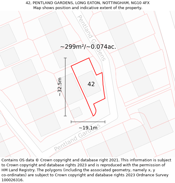 42, PENTLAND GARDENS, LONG EATON, NOTTINGHAM, NG10 4FX: Plot and title map