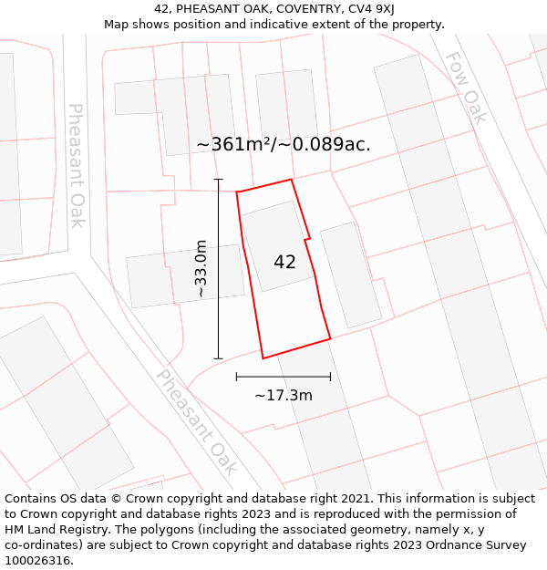 42, PHEASANT OAK, COVENTRY, CV4 9XJ: Plot and title map