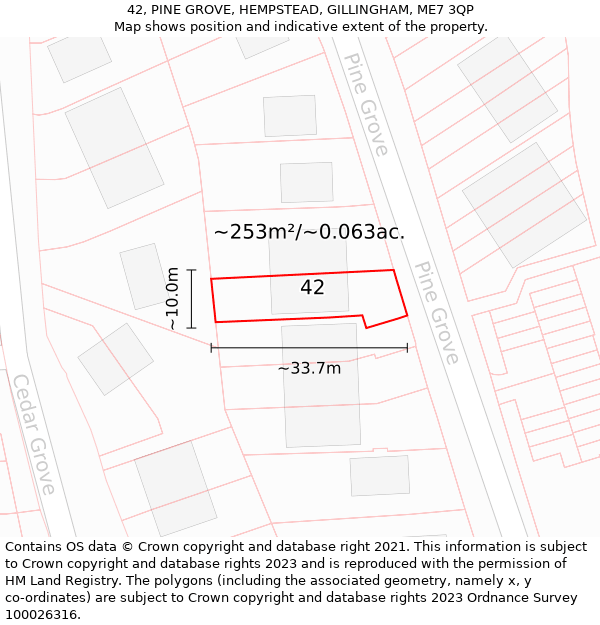 42, PINE GROVE, HEMPSTEAD, GILLINGHAM, ME7 3QP: Plot and title map