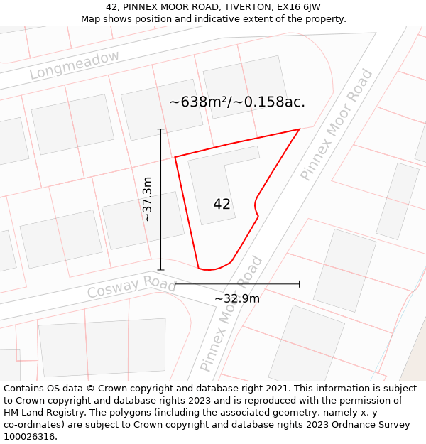 42, PINNEX MOOR ROAD, TIVERTON, EX16 6JW: Plot and title map