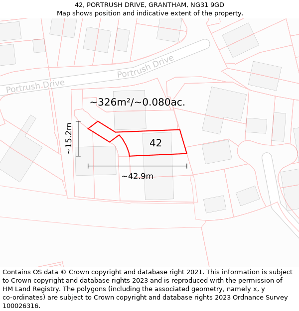 42, PORTRUSH DRIVE, GRANTHAM, NG31 9GD: Plot and title map