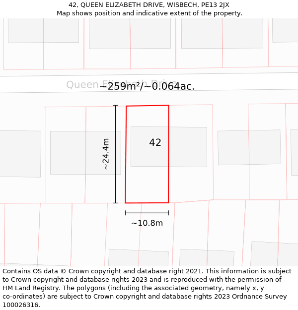 42, QUEEN ELIZABETH DRIVE, WISBECH, PE13 2JX: Plot and title map