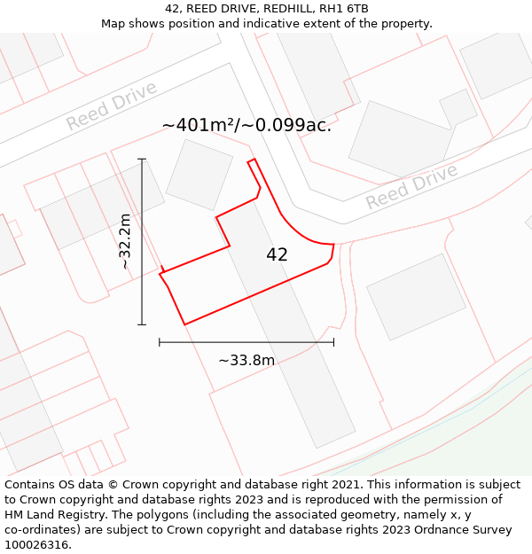 42, REED DRIVE, REDHILL, RH1 6TB: Plot and title map