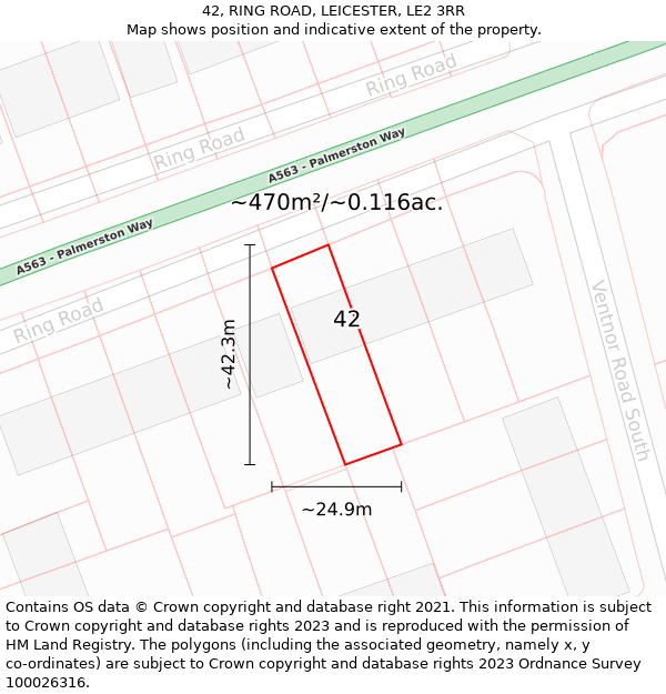 42, RING ROAD, LEICESTER, LE2 3RR: Plot and title map