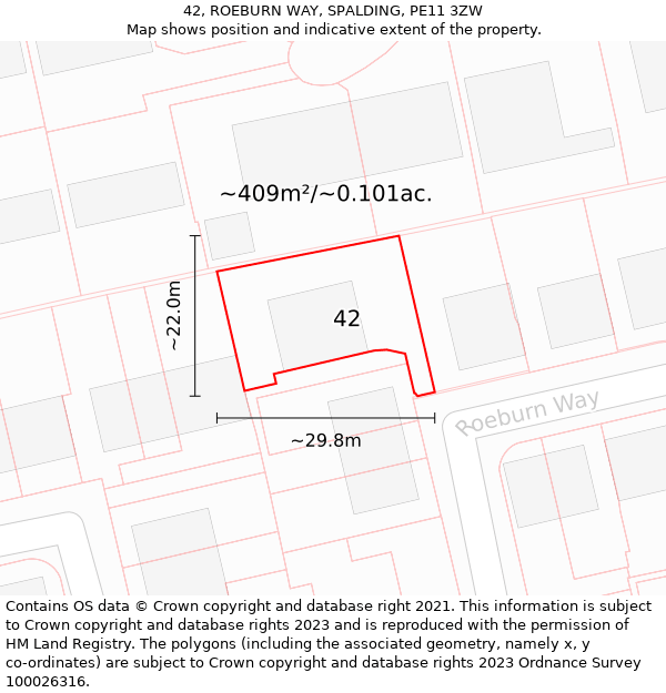 42, ROEBURN WAY, SPALDING, PE11 3ZW: Plot and title map