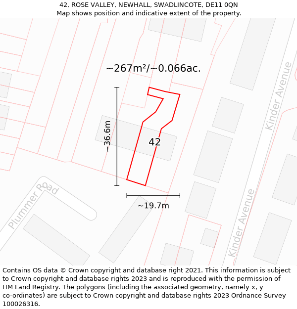 42, ROSE VALLEY, NEWHALL, SWADLINCOTE, DE11 0QN: Plot and title map