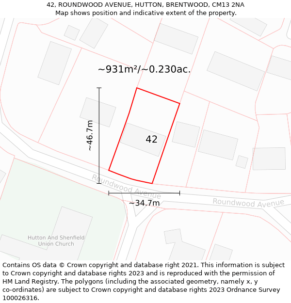 42, ROUNDWOOD AVENUE, HUTTON, BRENTWOOD, CM13 2NA: Plot and title map