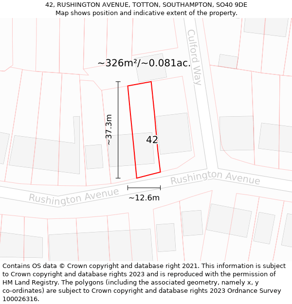 42, RUSHINGTON AVENUE, TOTTON, SOUTHAMPTON, SO40 9DE: Plot and title map