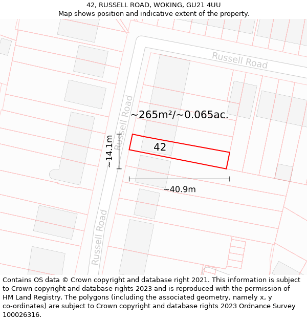 42, RUSSELL ROAD, WOKING, GU21 4UU: Plot and title map