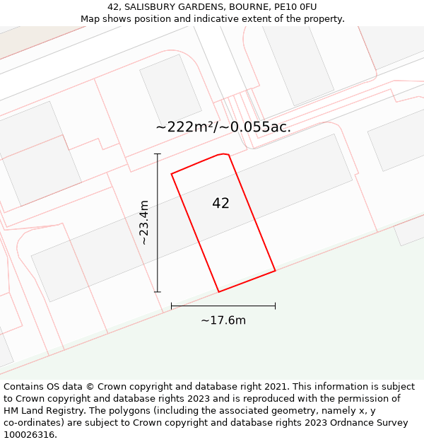 42, SALISBURY GARDENS, BOURNE, PE10 0FU: Plot and title map