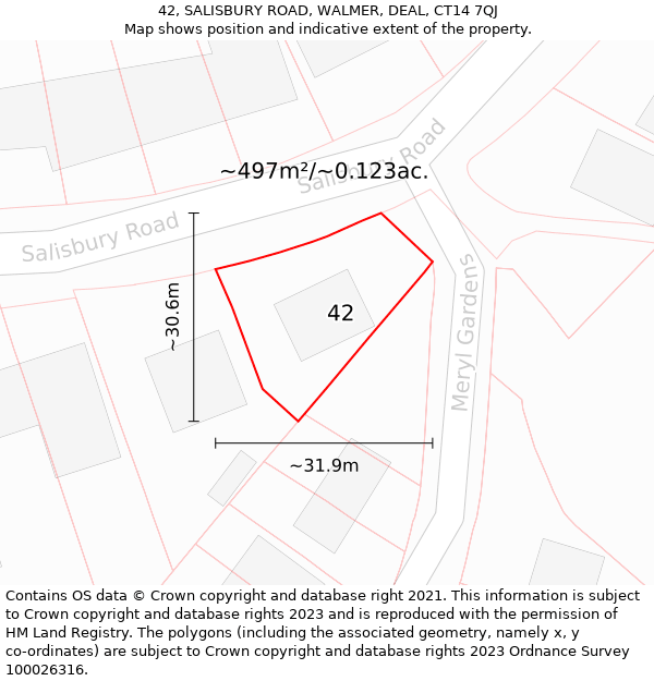 42, SALISBURY ROAD, WALMER, DEAL, CT14 7QJ: Plot and title map