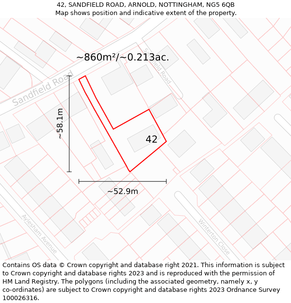 42, SANDFIELD ROAD, ARNOLD, NOTTINGHAM, NG5 6QB: Plot and title map