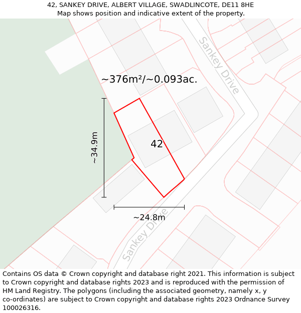 42, SANKEY DRIVE, ALBERT VILLAGE, SWADLINCOTE, DE11 8HE: Plot and title map