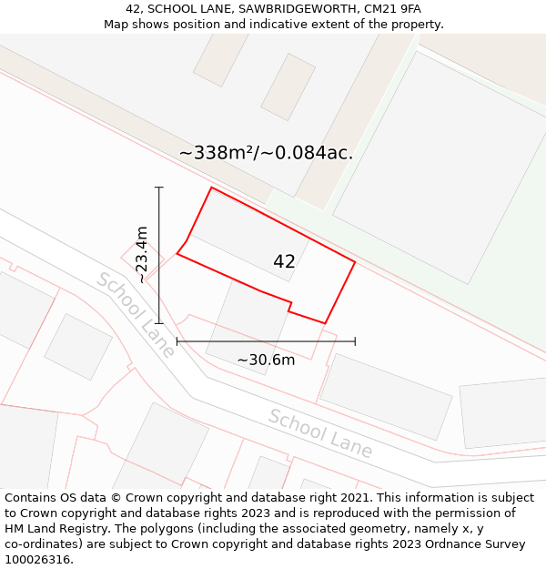 42, SCHOOL LANE, SAWBRIDGEWORTH, CM21 9FA: Plot and title map