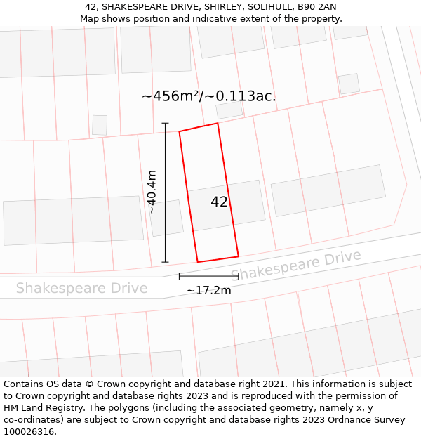 42, SHAKESPEARE DRIVE, SHIRLEY, SOLIHULL, B90 2AN: Plot and title map