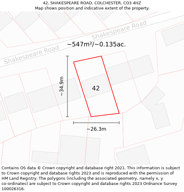 42, SHAKESPEARE ROAD, COLCHESTER, CO3 4HZ: Plot and title map