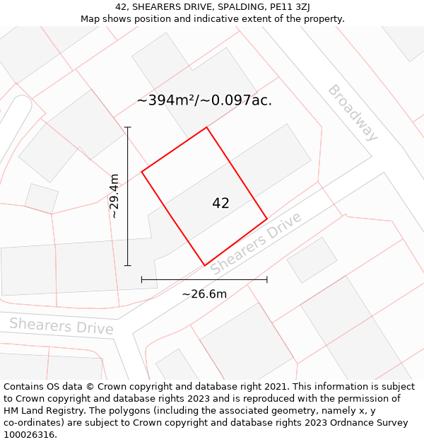 42, SHEARERS DRIVE, SPALDING, PE11 3ZJ: Plot and title map