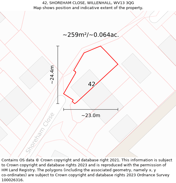 42, SHOREHAM CLOSE, WILLENHALL, WV13 3QG: Plot and title map