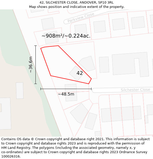 42, SILCHESTER CLOSE, ANDOVER, SP10 3RL: Plot and title map