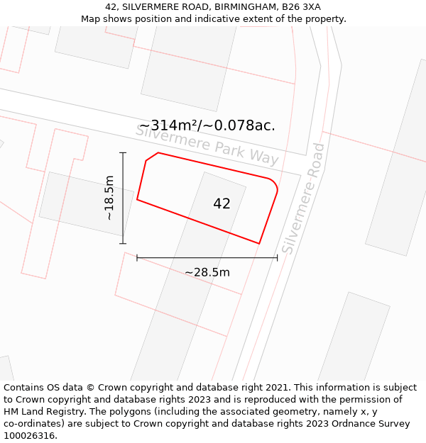 42, SILVERMERE ROAD, BIRMINGHAM, B26 3XA: Plot and title map