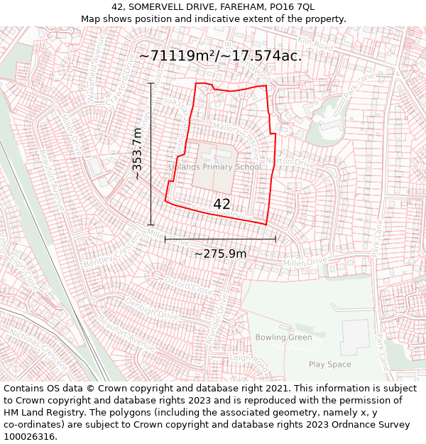 42, SOMERVELL DRIVE, FAREHAM, PO16 7QL: Plot and title map