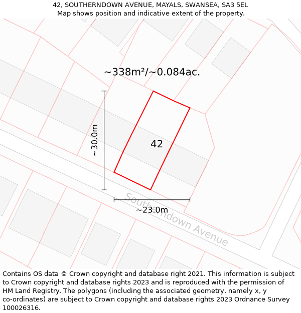 42, SOUTHERNDOWN AVENUE, MAYALS, SWANSEA, SA3 5EL: Plot and title map