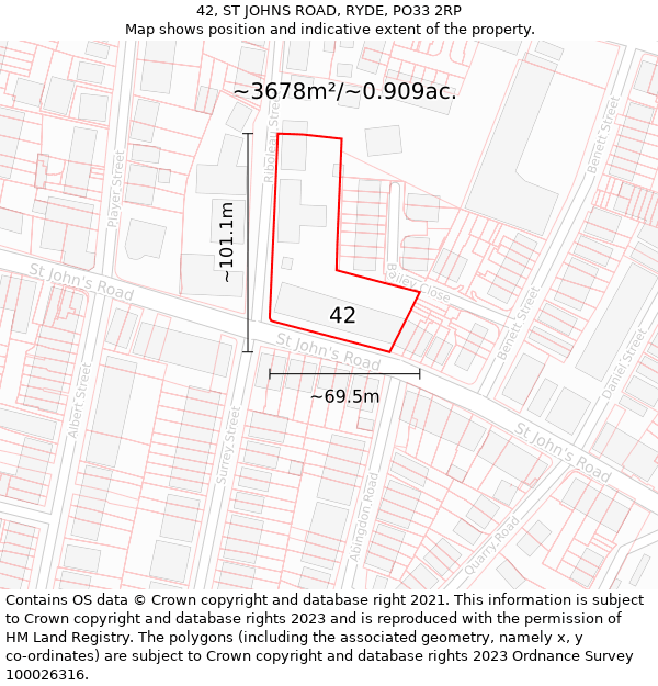 42, ST JOHNS ROAD, RYDE, PO33 2RP: Plot and title map