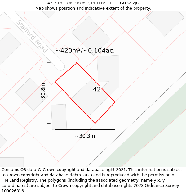 42, STAFFORD ROAD, PETERSFIELD, GU32 2JG: Plot and title map