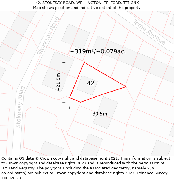 42, STOKESAY ROAD, WELLINGTON, TELFORD, TF1 3NX: Plot and title map