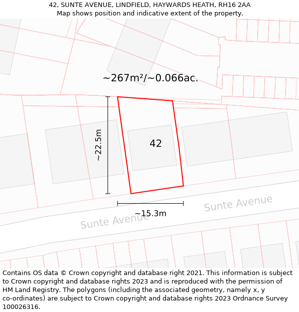 42, SUNTE AVENUE, LINDFIELD, HAYWARDS HEATH, RH16 2AA: Plot and title map