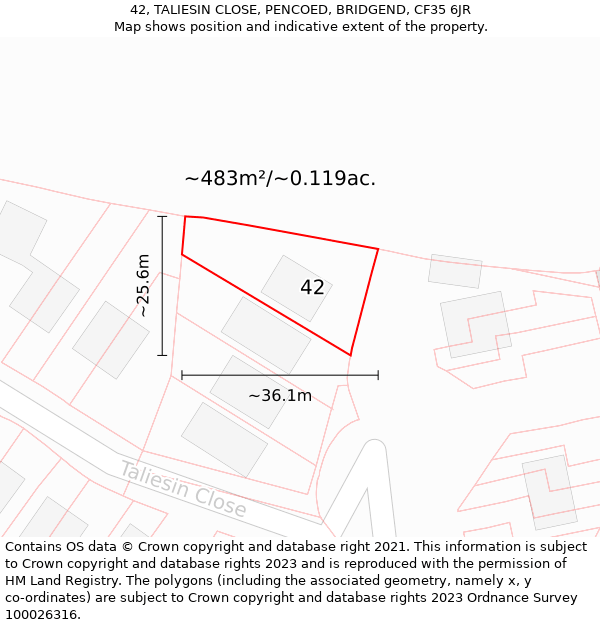 42, TALIESIN CLOSE, PENCOED, BRIDGEND, CF35 6JR: Plot and title map