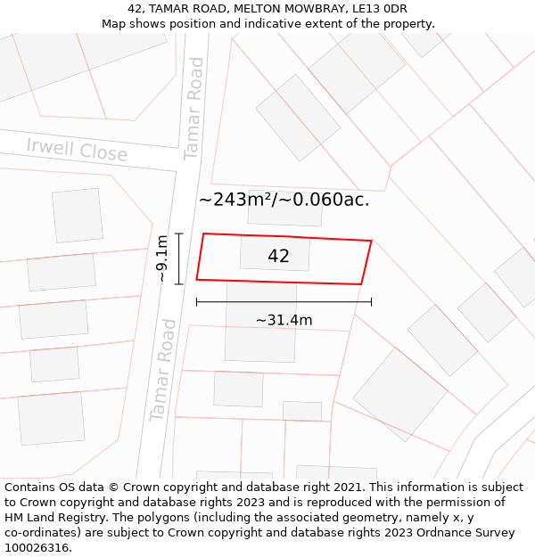 42, TAMAR ROAD, MELTON MOWBRAY, LE13 0DR: Plot and title map