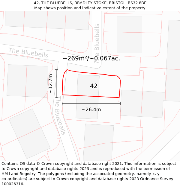 42, THE BLUEBELLS, BRADLEY STOKE, BRISTOL, BS32 8BE: Plot and title map