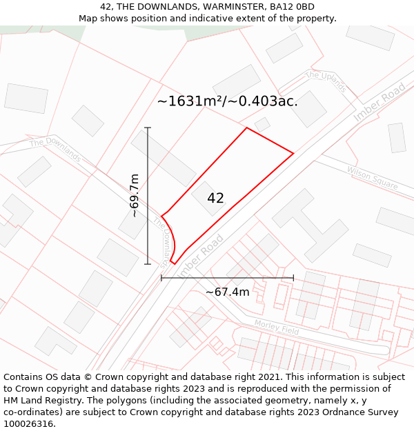 42, THE DOWNLANDS, WARMINSTER, BA12 0BD: Plot and title map