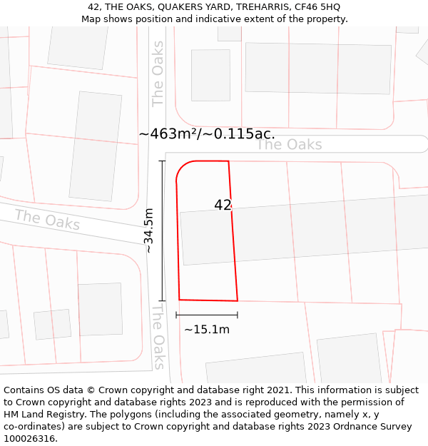 42, THE OAKS, QUAKERS YARD, TREHARRIS, CF46 5HQ: Plot and title map