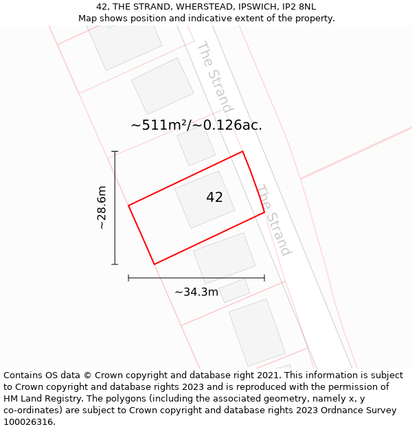 42, THE STRAND, WHERSTEAD, IPSWICH, IP2 8NL: Plot and title map